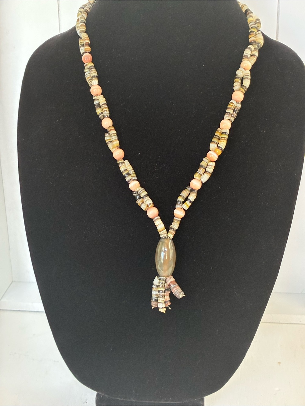 Peach Beaded Tassel Necklace with Central Pendant